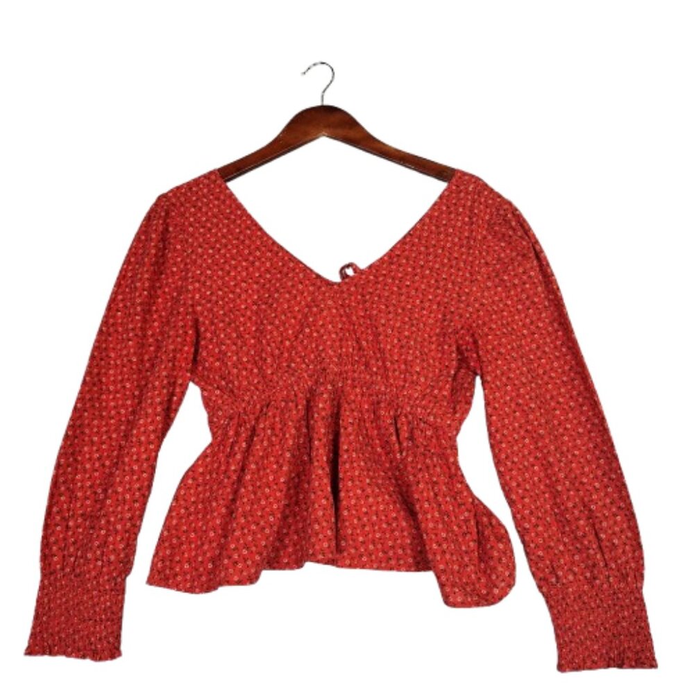 Madewell Top Women Small Red Campden Daisies Floral Tie-Back Cottagecore Peasant